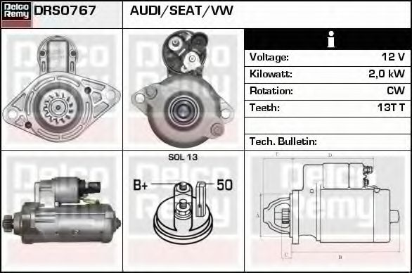 DELCO REMY DRS0767 Стартер для VOLKSWAGEN TOURAN (Фольксваген Туран) DELCO REMY DRS0767 Стартер для VOLKSWAGEN TOURAN (Фольксваген Туран)