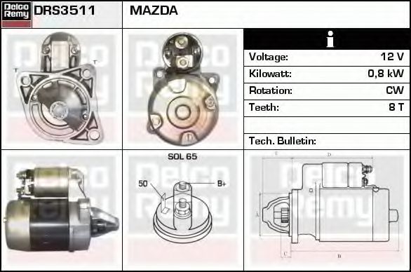 DELCO REMY DRS3511 Стартер для MAZDA 626 II (Мазда 626 2) DELCO REMY DRS3511 Стартер для MAZDA 626 II (Мазда 626 2)