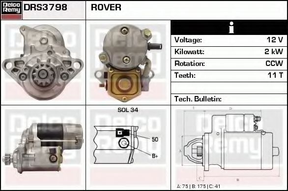 DELCO REMY DRS3798 Стартер для ROVER 400 (Ровер 400) DELCO REMY DRS3798 Стартер для ROVER 400 (Ровер 400)