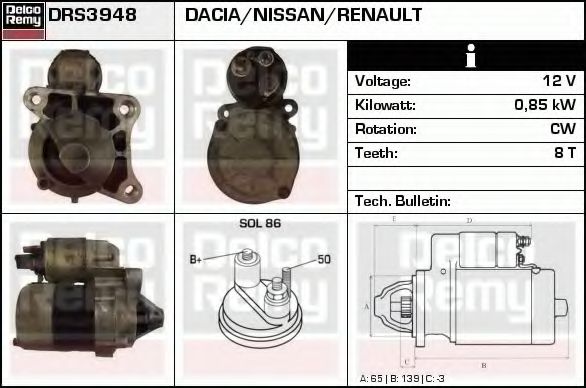 DELCO REMY DRS3948 Стартер для DACIA SANDERO (Дача Сандэро) DELCO REMY DRS3948 Стартер для DACIA SANDERO (Дача Сандэро)