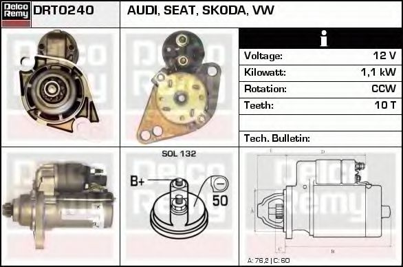 DELCO REMY DRT0240 Стартер для VOLKSWAGEN VENTO V (Фольксваген Венто 5) DELCO REMY DRT0240 Стартер для VOLKSWAGEN VENTO V (Фольксваген Венто 5)