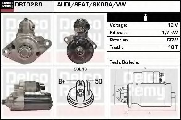 DELCO REMY DRT0280 Стартер для AUDI TT (Ауди Тт) DELCO REMY DRT0280 Стартер для AUDI TT (Ауди Тт)
