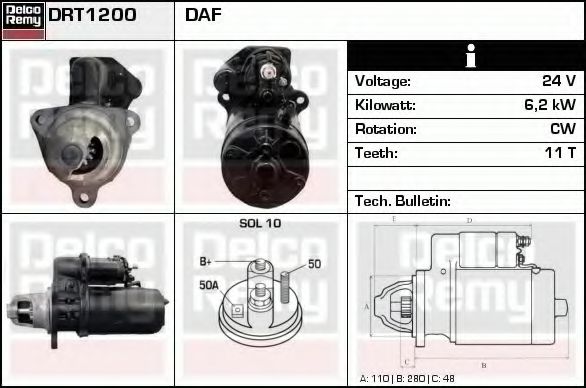 DELCO REMY DRT1200 Стартер для DAF XF 105 (Даф Xф 105) DELCO REMY DRT1200 Стартер для DAF XF 105 (Даф Xф 105)