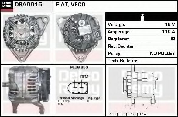 DELCO REMY DRA0015 Генератор для IVECO (Ивеко) DELCO REMY DRA0015 Генератор для IVECO (Ивеко)