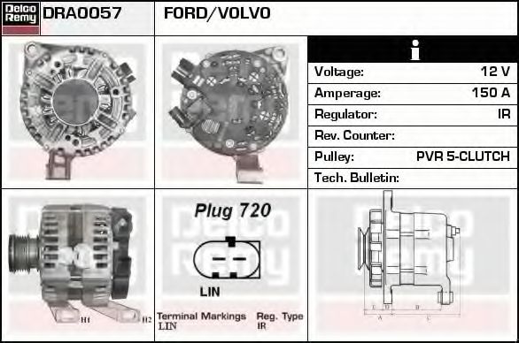 DELCO REMY DRA0057 Генератор для VOLVO C30 (Вольво C30) DELCO REMY DRA0057 Генератор для VOLVO C30 (Вольво C30)