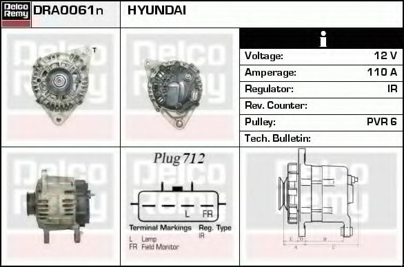 DELCO REMY DRA0061N Генератор для HYUNDAI SANTA FE I (Хендай Санта фэ1) DELCO REMY DRA0061N Генератор для HYUNDAI SANTA FE I (Хендай Санта фэ1)