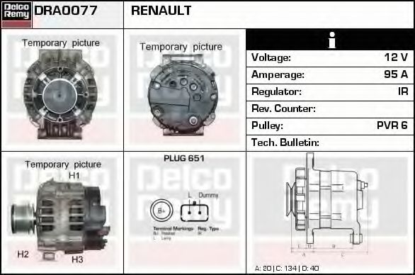 DELCO REMY DRA0077 Генератор для RENAULT SCNIC I (Рено Сценик и) DELCO REMY DRA0077 Генератор для RENAULT SCNIC I (Рено Сценик и)
