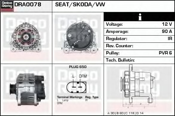 DELCO REMY DRA0078 Генератор для SEAT (Сеат) DELCO REMY DRA0078 Генератор для SEAT (Сеат)