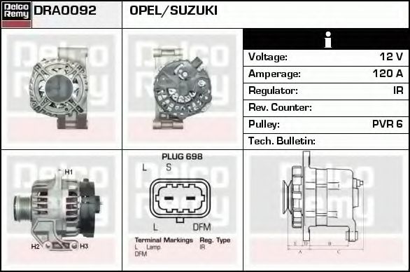 DELCO REMY DRA0092 Генератор для OPEL CORSA D (Опель Корса д) DELCO REMY DRA0092 Генератор для OPEL CORSA D (Опель Корса д)