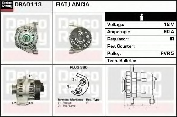 DELCO REMY DRA0113 Генератор для FIAT 500 (Фиат 500) DELCO REMY DRA0113 Генератор для FIAT 500 (Фиат 500)