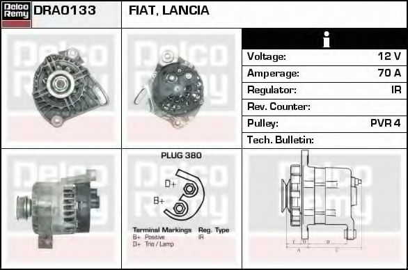 DELCO REMY DRA0133 Генератор для FIAT 500 (Фиат 500) DELCO REMY DRA0133 Генератор для FIAT 500 (Фиат 500)