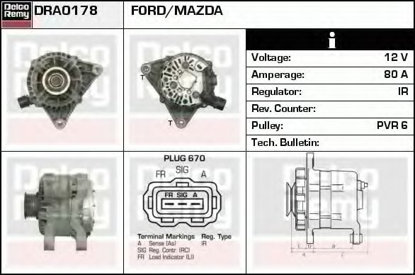 DELCO REMY DRA0178 Генератор для FORD FIESTA V (Форд Фиеста 5) DELCO REMY DRA0178 Генератор для FORD FIESTA V (Форд Фиеста 5)