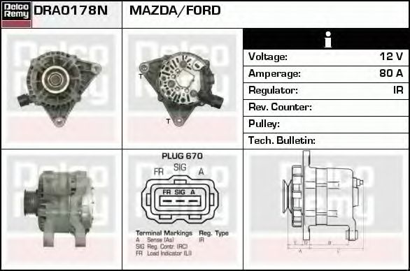 DELCO REMY DRA0178N Генератор для FORD FIESTA V (Форд Фиеста 5) DELCO REMY DRA0178N Генератор для FORD FIESTA V (Форд Фиеста 5)