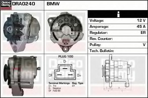 DELCO REMY DRA0240 Генератор для BMW 3 (Бмв 3) DELCO REMY DRA0240 Генератор для BMW 3 (Бмв 3)