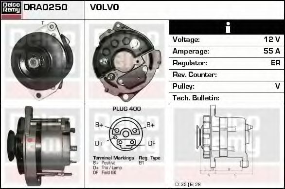 DELCO REMY DRA0250 Генератор для VOLVO (Вольво) DELCO REMY DRA0250 Генератор для VOLVO (Вольво)