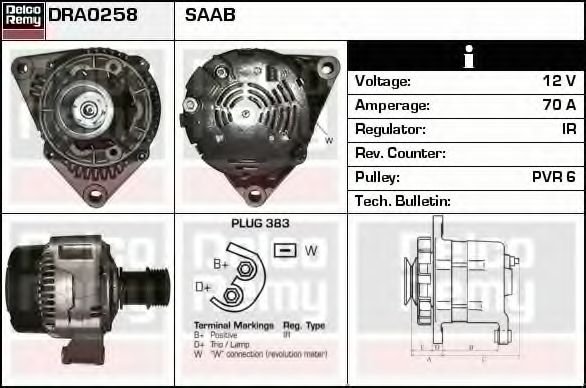 DELCO REMY DRA0258 Генератор для SAAB 900 II (Сааб 900 2) DELCO REMY DRA0258 Генератор для SAAB 900 II (Сааб 900 2)