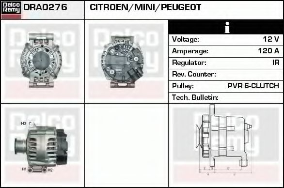 DELCO REMY DRA0276 Генератор для PEUGEOT 308 (Пежо 308) DELCO REMY DRA0276 Генератор для PEUGEOT 308 (Пежо 308)