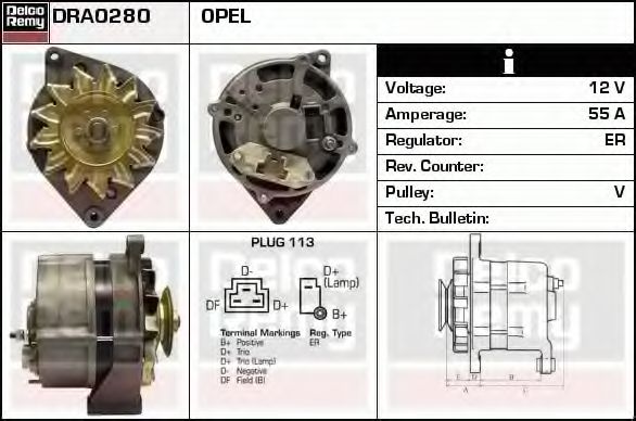 DELCO REMY DRA0280 Генератор для OPEL COMMODORE A (Опель Cоммодорэ а) DELCO REMY DRA0280 Генератор для OPEL COMMODORE A (Опель Cоммодорэ а)
