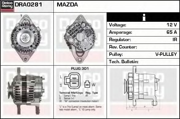 DELCO REMY DRA0281 Генератор для MAZDA B-SERIE (Мазда Б-сэриэ) DELCO REMY DRA0281 Генератор для MAZDA B-SERIE (Мазда Б-сэриэ)