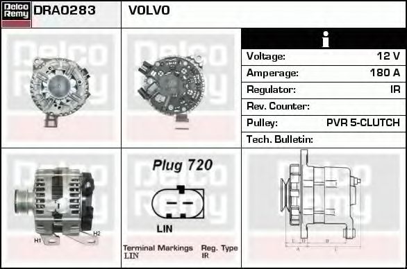 DELCO REMY DRA0283 Генератор для VOLVO C30 (Вольво C30) DELCO REMY DRA0283 Генератор для VOLVO C30 (Вольво C30)