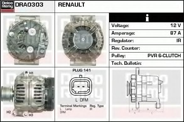 DELCO REMY DRA0303 Генератор для RENAULT SCNIC I (Рено Сценик и) DELCO REMY DRA0303 Генератор для RENAULT SCNIC I (Рено Сценик и)
