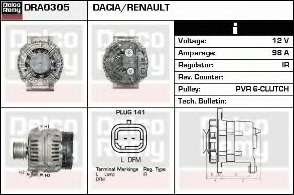 DELCO REMY DRA0305 Генератор для RENAULT SCNIC I (Рено Сценик и) DELCO REMY DRA0305 Генератор для RENAULT SCNIC I (Рено Сценик и)