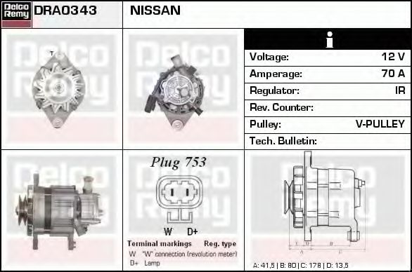 DELCO REMY DRA0343 Генератор для NISSAN CABSTAR E (Ниссан Cабстар э) DELCO REMY DRA0343 Генератор для NISSAN CABSTAR E (Ниссан Cабстар э)