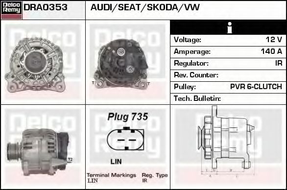 DELCO REMY DRA0353 Генератор для SEAT ALHAMBRA (Сеат Альхамбра) DELCO REMY DRA0353 Генератор для SEAT ALHAMBRA (Сеат Альхамбра)