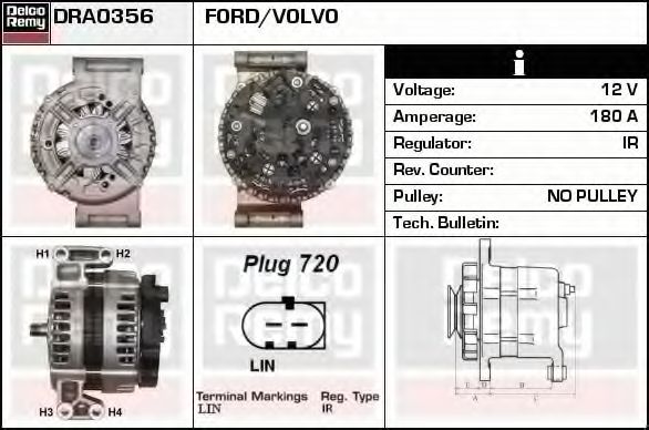 DELCO REMY DRA0356 Генератор для VOLVO XC90 I (Вольво Xc90 1) DELCO REMY DRA0356 Генератор для VOLVO XC90 I (Вольво Xc90 1)