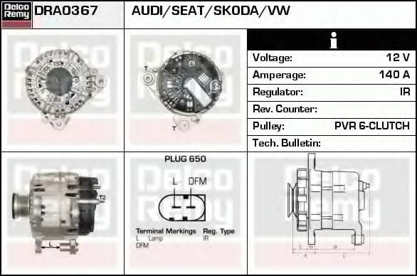 DELCO REMY DRA0367 Генератор для VOLKSWAGEN JETTA IV (Фольксваген Джетта 4) DELCO REMY DRA0367 Генератор для VOLKSWAGEN JETTA IV (Фольксваген Джетта 4)