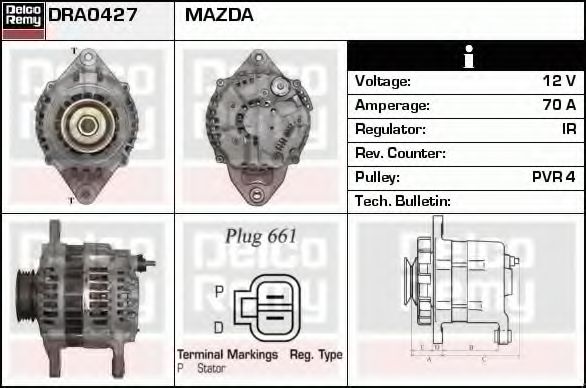 DELCO REMY DRA0427 Генератор для MAZDA 121 METRO (Мазда 121 мэтро) DELCO REMY DRA0427 Генератор для MAZDA 121 METRO (Мазда 121 мэтро)