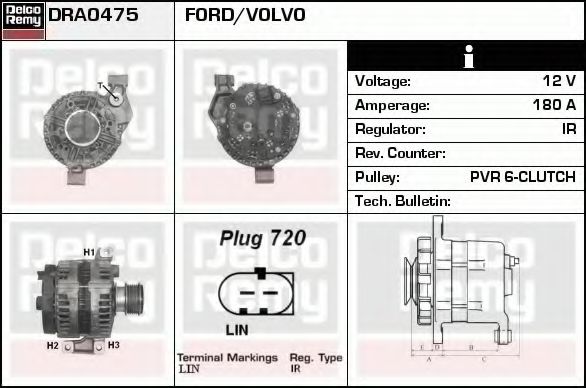 DELCO REMY DRA0475 Генератор для VOLVO XC60 (Вольво Xc60) DELCO REMY DRA0475 Генератор для VOLVO XC60 (Вольво Xc60)