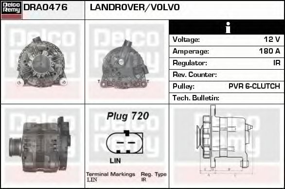 DELCO REMY DRA0476 Генератор для LAND ROVER FREELANDER 2 (Ленд ровер/лэнд ровер Фриландер 2) DELCO REMY DRA0476 Генератор для LAND ROVER FREELANDER 2 (Ленд ровер/лэнд ровер Фриландер 2)