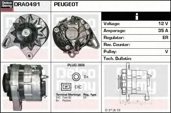 DELCO REMY DRA0491 Генератор для PEUGEOT 305 II (Пежо 305 2) DELCO REMY DRA0491 Генератор для PEUGEOT 305 II (Пежо 305 2)
