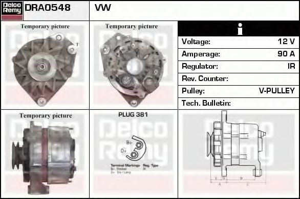 DELCO REMY DRA0548 Генератор для VOLKSWAGEN T4 MULTIVAN (Фольксваген Т4 мултиvан) DELCO REMY DRA0548 Генератор для VOLKSWAGEN T4 MULTIVAN (Фольксваген Т4 мултиvан)