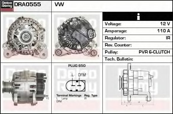 DELCO REMY DRA0555 Генератор для VOLKSWAGEN T5 CARAVELLE (Фольксваген Т5 каравелла) DELCO REMY DRA0555 Генератор для VOLKSWAGEN T5 CARAVELLE (Фольксваген Т5 каравелла)