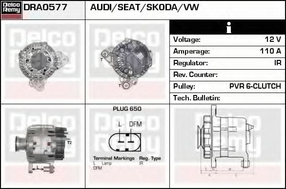 DELCO REMY DRA0577 Генератор для VOLKSWAGEN GOLF VI (Фольксваген Гольф 6) DELCO REMY DRA0577 Генератор для VOLKSWAGEN GOLF VI (Фольксваген Гольф 6)