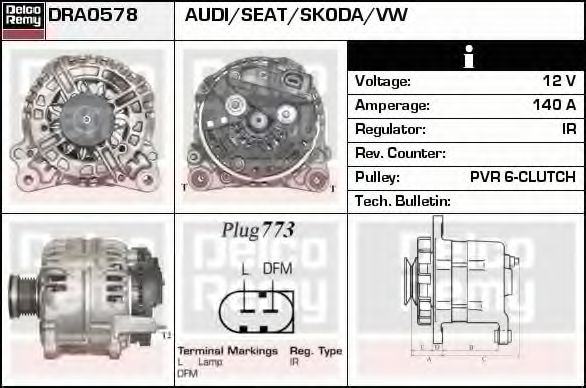 DELCO REMY DRA0578 Генератор для VOLKSWAGEN GOLF VI (Фольксваген Гольф 6) DELCO REMY DRA0578 Генератор для VOLKSWAGEN GOLF VI (Фольксваген Гольф 6)