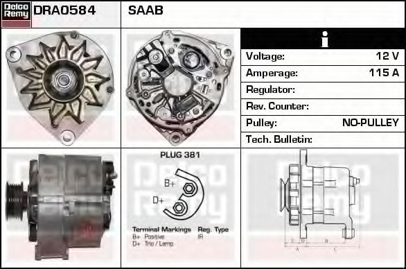DELCO REMY DRA0584 Генератор для SAAB (Сааб) DELCO REMY DRA0584 Генератор для SAAB (Сааб)