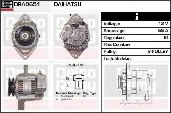 DELCO REMY DRA0651 Генератор для DAIHATSU CHARADE CENTRO IV (Дайхатсу Чарадэ cэнтро иv) DELCO REMY DRA0651 Генератор для DAIHATSU CHARADE CENTRO IV (Дайхатсу Чарадэ cэнтро иv)
