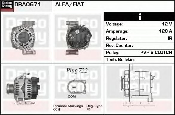 DELCO REMY DRA0671 Генератор для ALFA ROMEO MITO (Альфа ромео Мито) DELCO REMY DRA0671 Генератор для ALFA ROMEO MITO (Альфа ромео Мито)