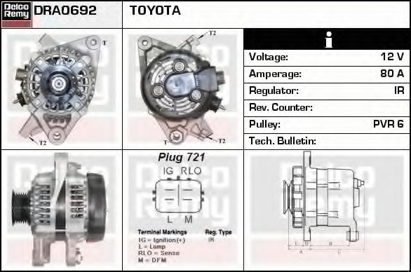 DELCO REMY DRA0692 Генератор для TOYOTA YARIS (Тойота/тоета Ярис) DELCO REMY DRA0692 Генератор для TOYOTA YARIS (Тойота/тоета Ярис)