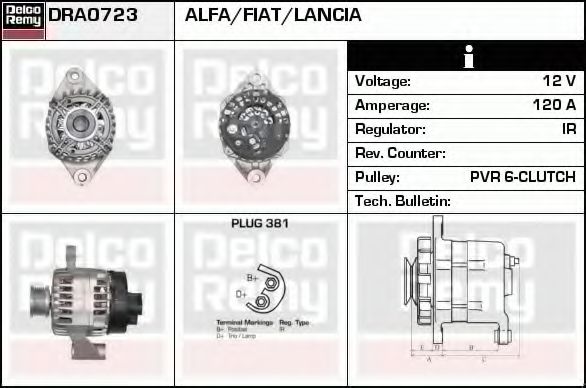 DELCO REMY DRA0723 Генератор для ALFA ROMEO MITO (Альфа ромео Мито) DELCO REMY DRA0723 Генератор для ALFA ROMEO MITO (Альфа ромео Мито)