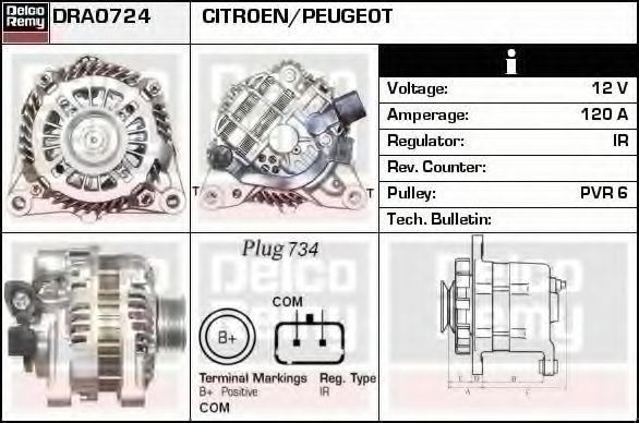 DELCO REMY DRA0724 Генератор для PEUGEOT 407 (Пежо 407) DELCO REMY DRA0724 Генератор для PEUGEOT 407 (Пежо 407)