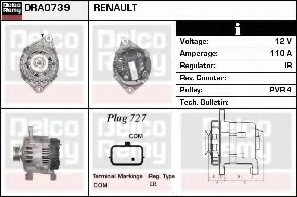 DELCO REMY DRA0739 Генератор для RENAULT KANGOO / GRAND KANGOO (Рено Кангу / гранд кангу) DELCO REMY DRA0739 Генератор для RENAULT KANGOO / GRAND KANGOO (Рено Кангу / гранд кангу)