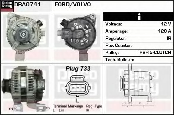DELCO REMY DRA0741 Генератор для VOLVO S40 II (Вольво S40 2) DELCO REMY DRA0741 Генератор для VOLVO S40 II (Вольво S40 2)