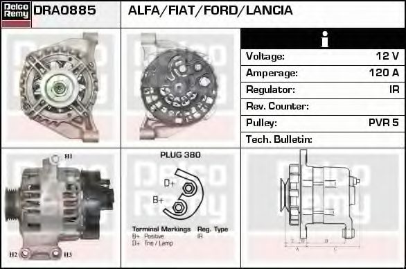 DELCO REMY DRA0885 Генератор для FIAT 500 C (Фиат 500 c) DELCO REMY DRA0885 Генератор для FIAT 500 C (Фиат 500 c)