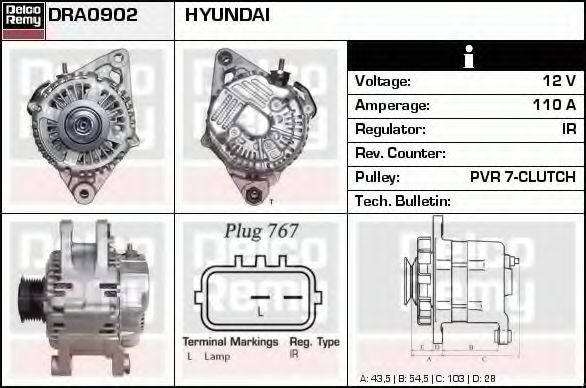 DELCO REMY DRA0902 Генератор для HYUNDAI I800 (Хендай И800) DELCO REMY DRA0902 Генератор для HYUNDAI I800 (Хендай И800)