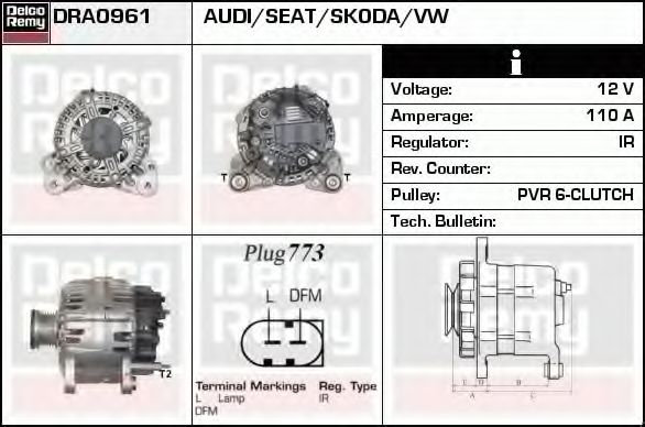 DELCO REMY DRA0961 Генератор для VOLKSWAGEN JETTA VI IV (Фольксваген Джетта 6 4) DELCO REMY DRA0961 Генератор для VOLKSWAGEN JETTA VI IV (Фольксваген Джетта 6 4)