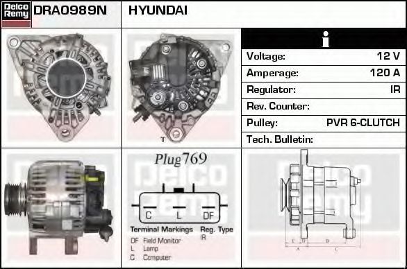 DELCO REMY DRA0989N Генератор для HYUNDAI I20 (Хендай И20) DELCO REMY DRA0989N Генератор для HYUNDAI I20 (Хендай И20)